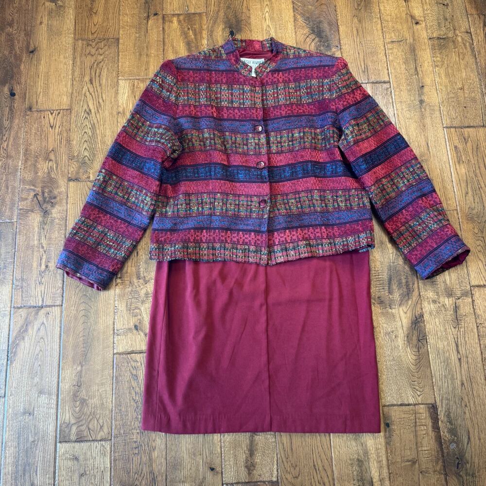 Eagle River Traders Vtg 2 pc Blazer & Skirt Set Womens Sz 16 Burgundy Stripe